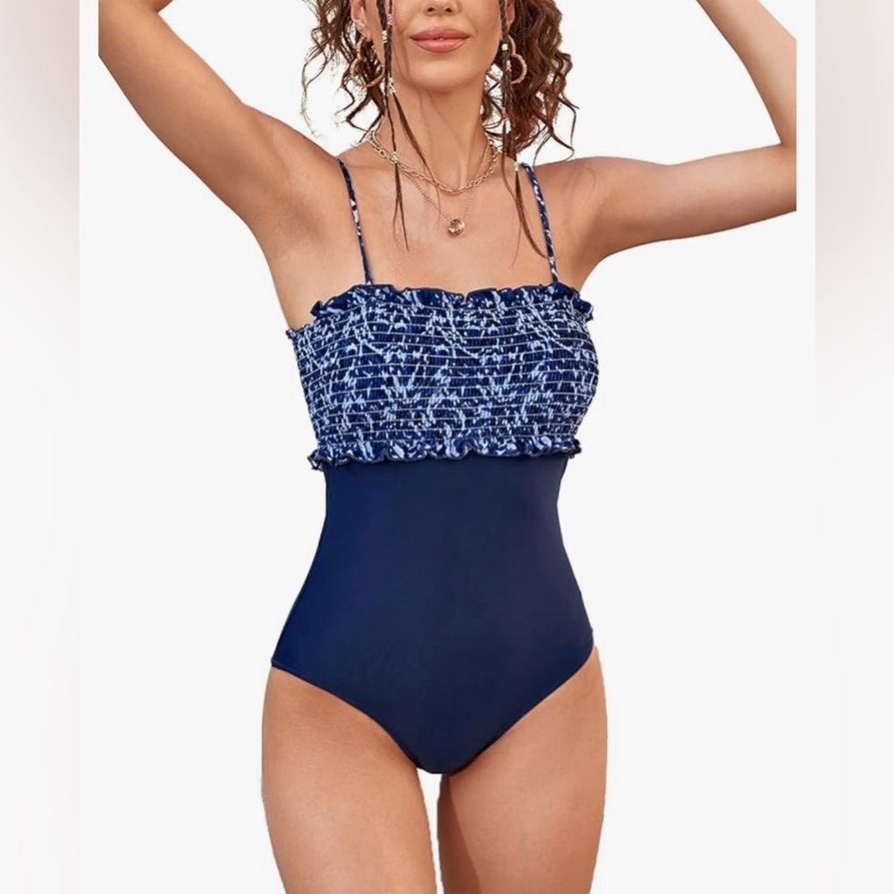 Modihito One Piece Ruffled Shirred Swimsuit Bathing Suit Swimwear Medium - Picture 7 of 7